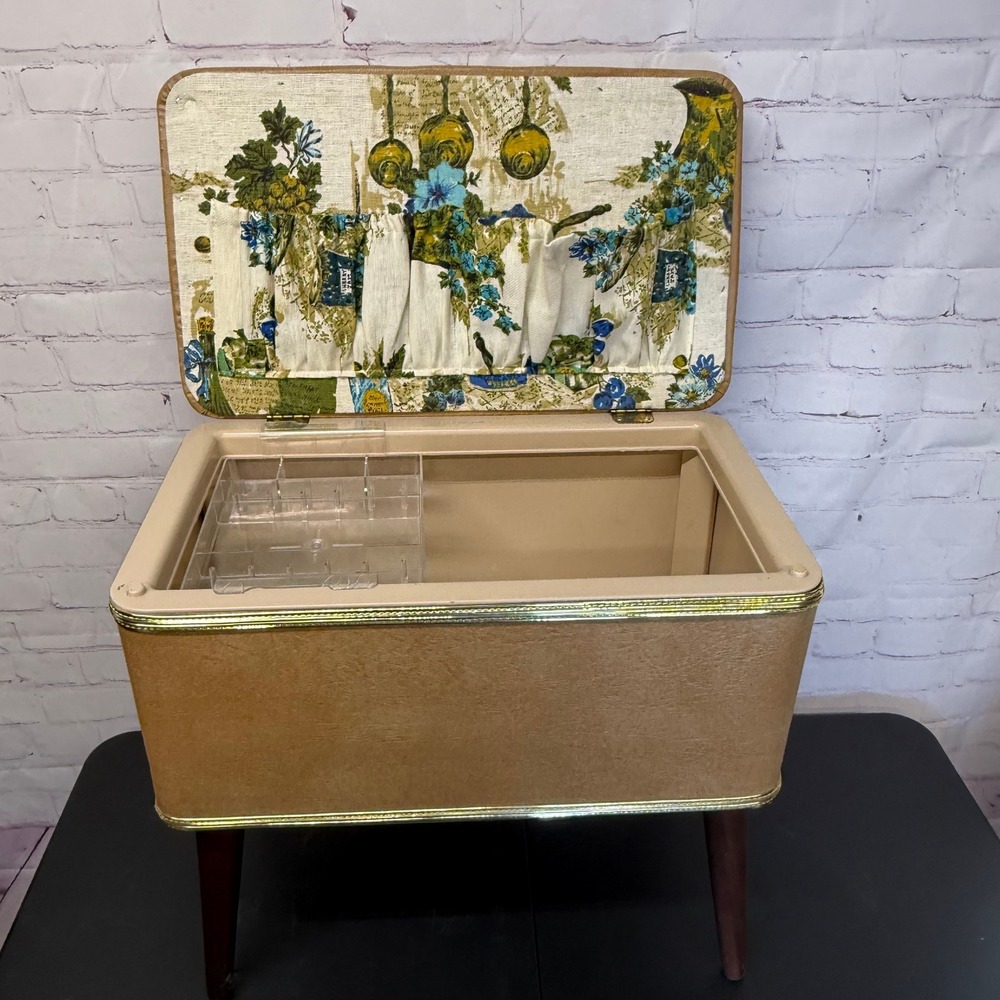 Vtg Burlington Sewing Box Ottoman Tan Faux Leather Mid Century Modern Storage